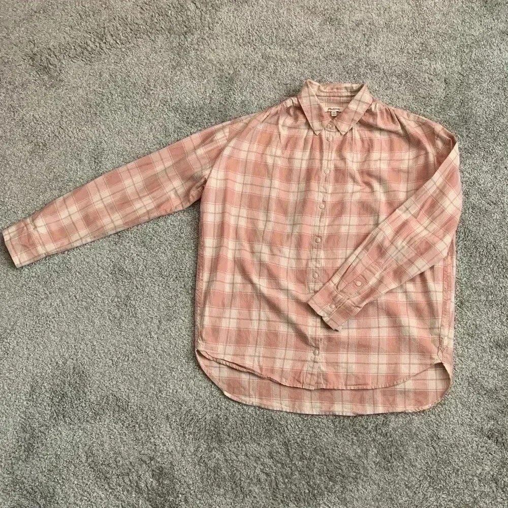 Madewell pink and cream plaid button down ruching on shoulder size XS